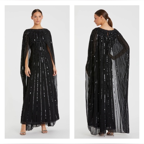 MAC DUGGAL 93869 NWT Black Embellished Beaded Column Cape Gown